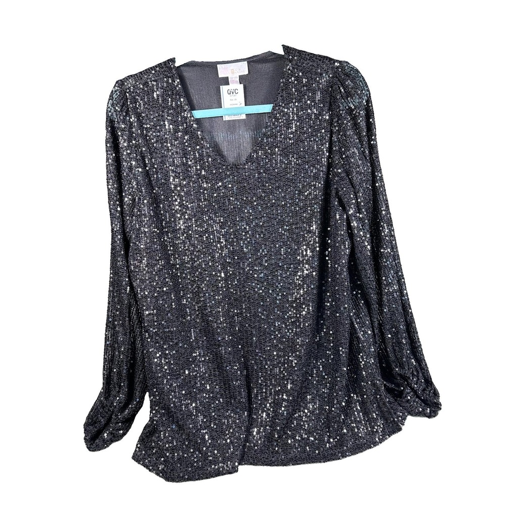 Belle Kim Gravel Sequin V Neck Top Women Small Black Holiday Party Evening wear
